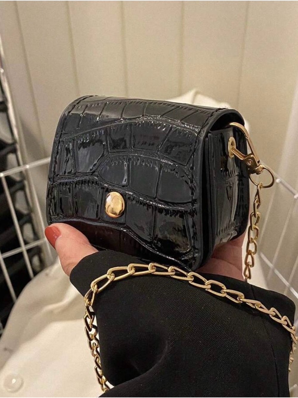 Black Faux Croc-Embossed Patent Mini Crossbody Bag w/Gold Chain NWOT